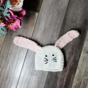 Handmade Crocheted Knit Bunny Rabbit Baby Easter Hat with Ears White Pink